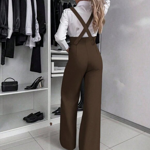 Coffee Brown Elegant Women's Spaghetti Strap Wide Leg Jumpsuit - Picture 5 of 6